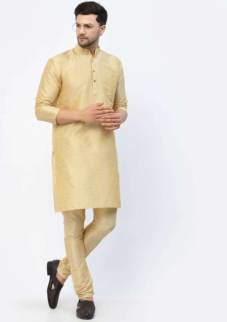 Gold Solid Silk Blend Kurta Set For Men - Indya