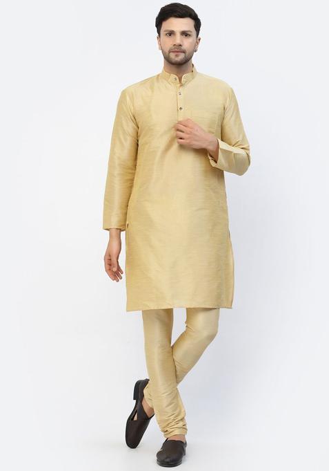 Gold Solid Silk Blend Kurta Set For Men