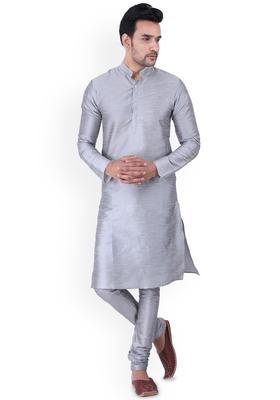 Grey Solid Silk Kurta Set For Men