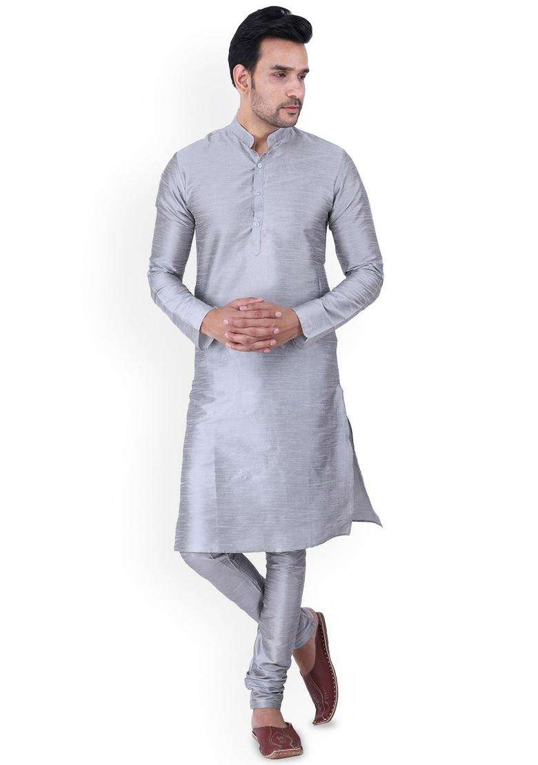 Grey Solid Silk Blend Kurta Set For Men - Indya