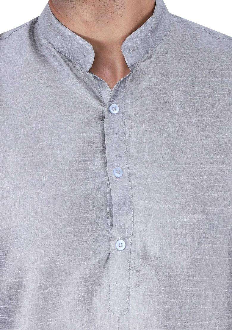 Grey Solid Silk Blend Kurta Set For Men - Indya