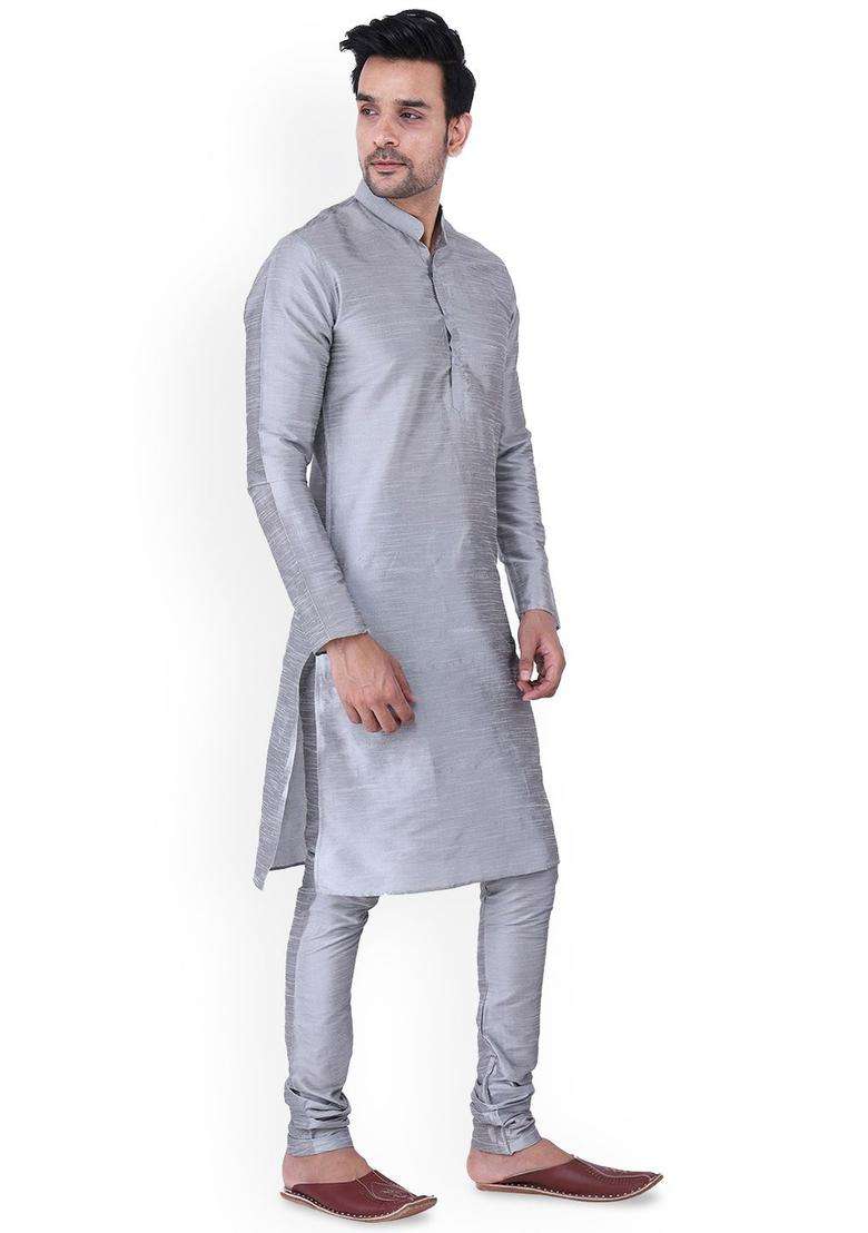 Grey Solid Silk Blend Kurta Set For Men - Indya