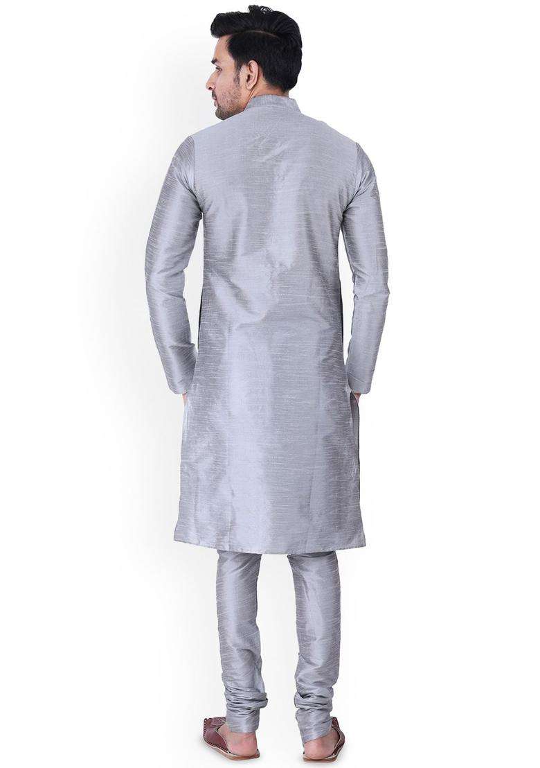 Grey Solid Silk Blend Kurta Set For Men - Indya