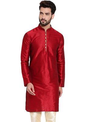 Red Solid Silk Kurta Set For Men