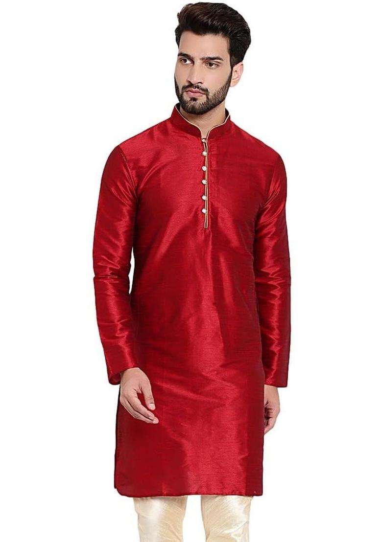 Red Solid Silk Blend Kurta Set For Men - Indya