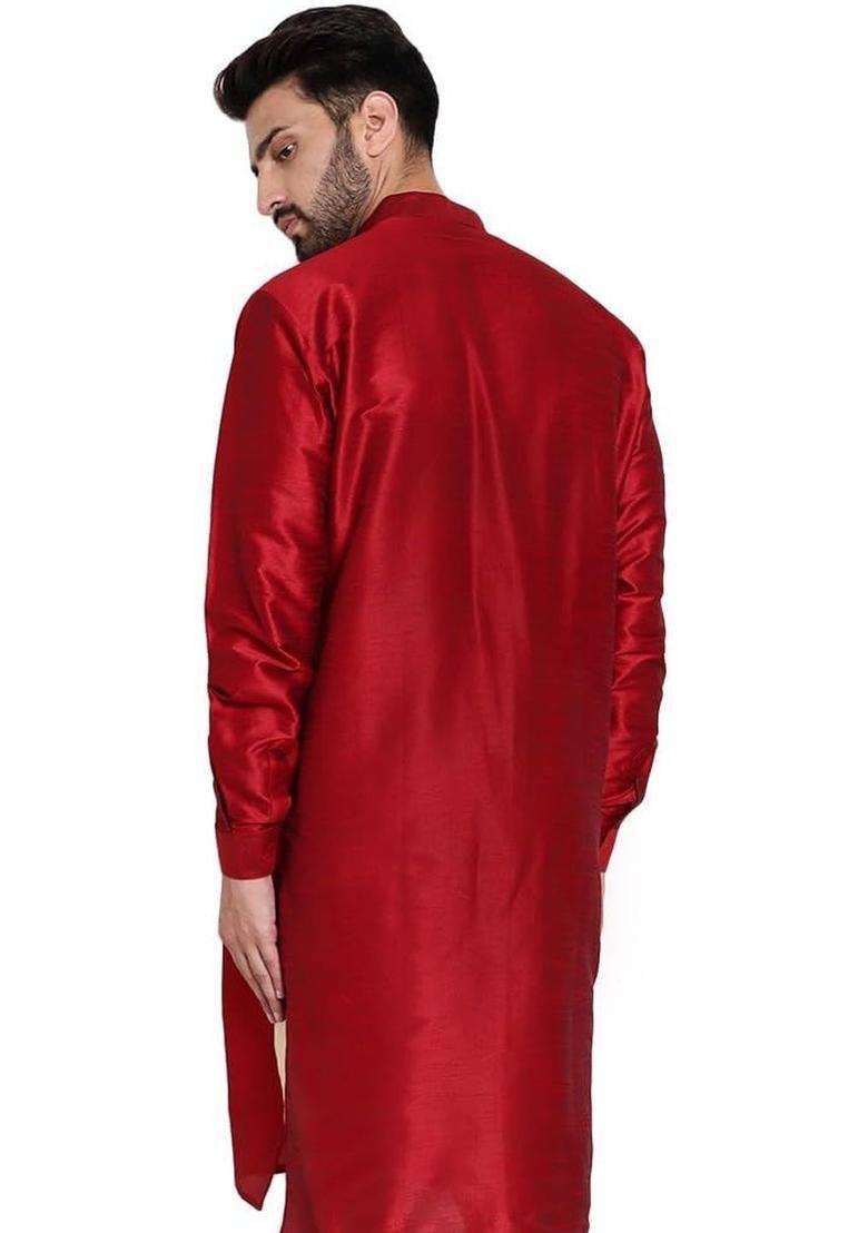 Red Solid Silk Blend Kurta Set For Men - Indya