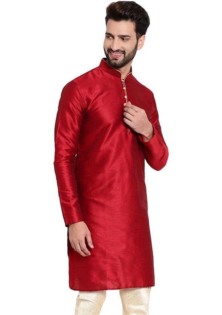 Red Solid Silk Blend Kurta Set For Men - Indya