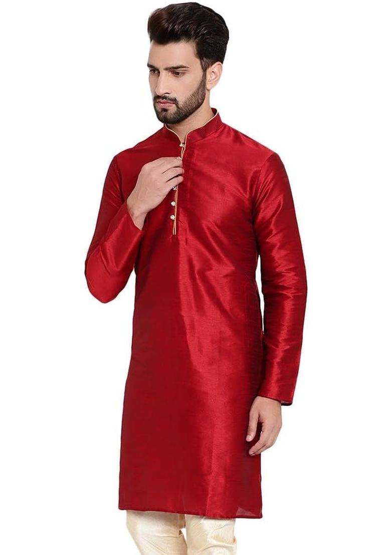 Red Solid Silk Blend Kurta Set For Men - Indya