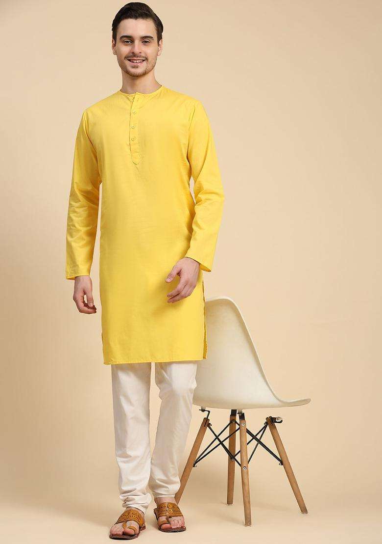 Yellow Solid Cotton Kurta Set For Men - Indya