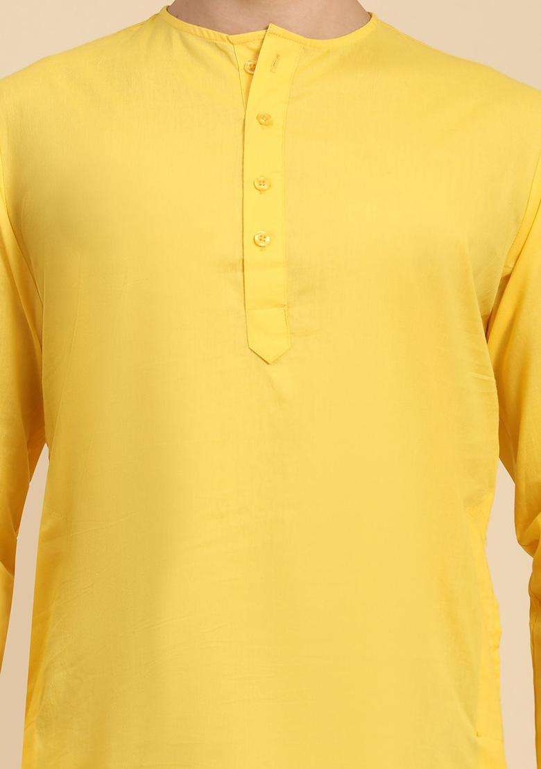 Yellow Solid Cotton Kurta Set For Men - Indya