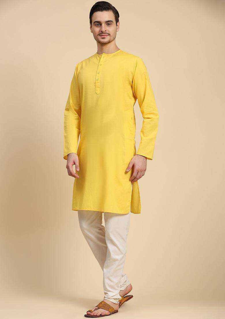 Yellow Solid Cotton Kurta Set For Men - Indya