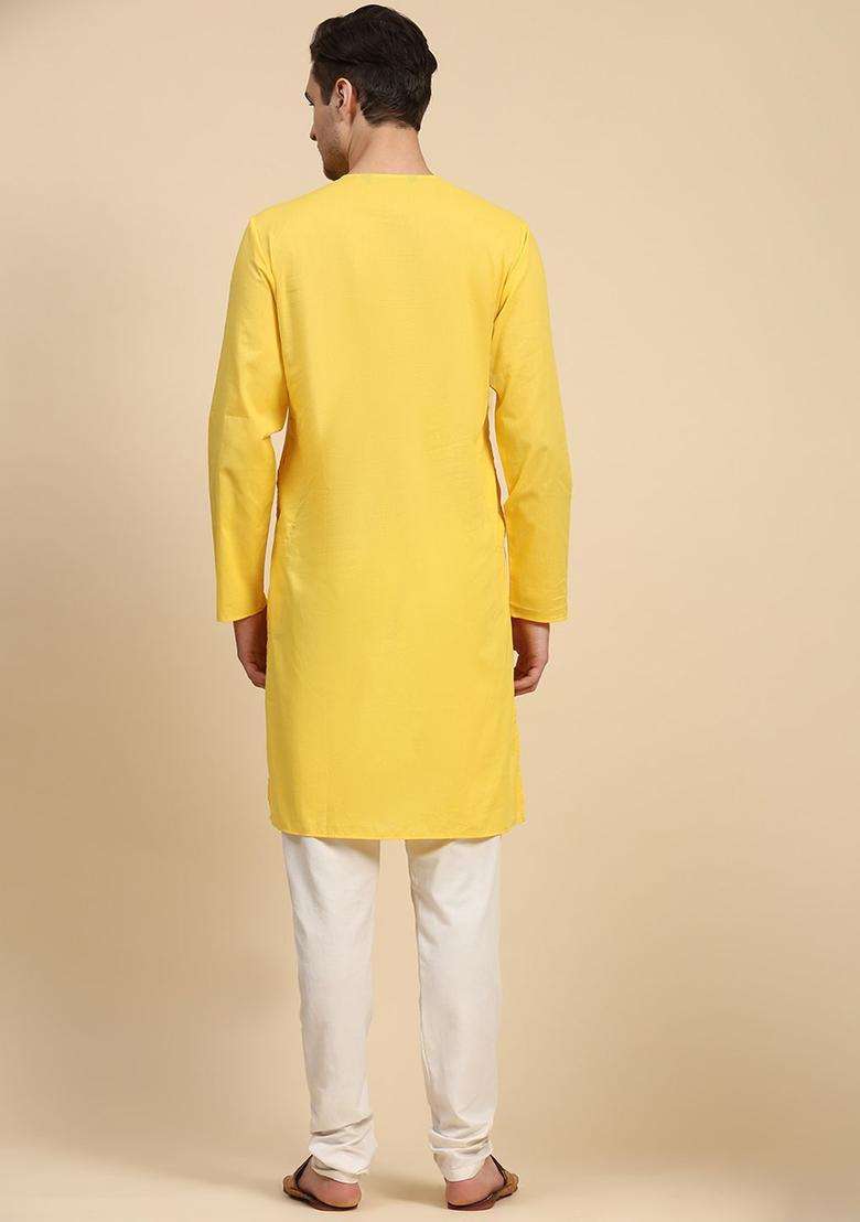 Yellow Solid Cotton Kurta Set For Men - Indya