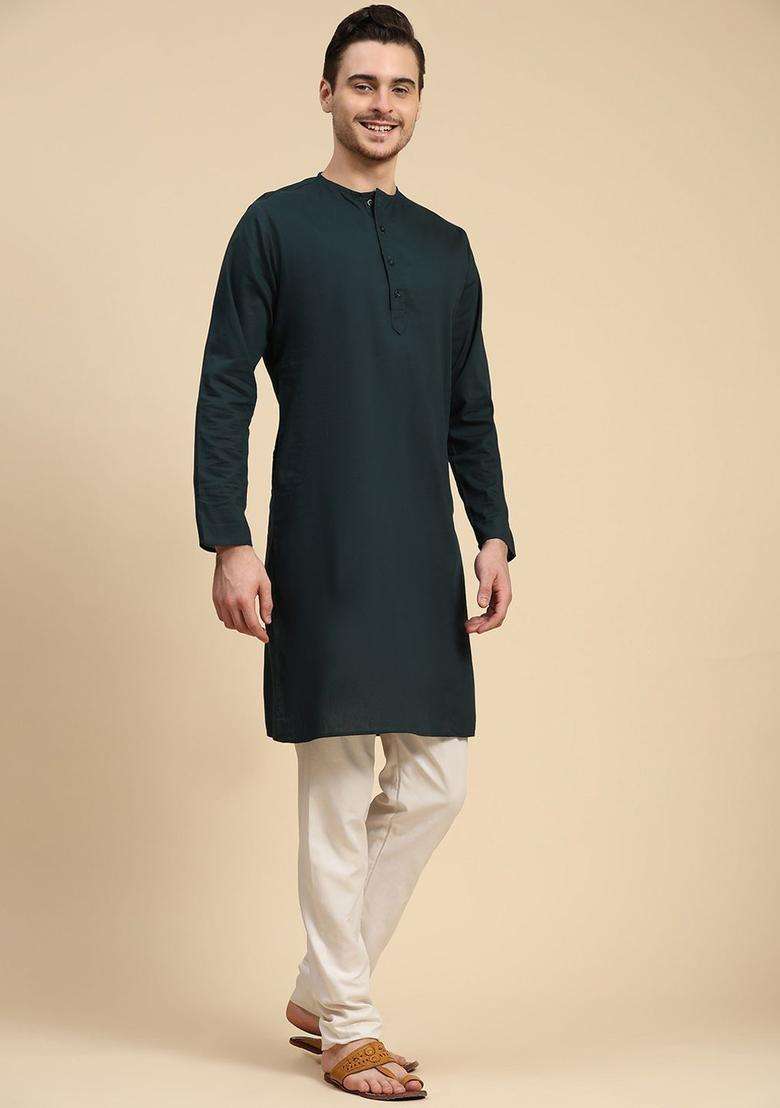 Green Solid Cotton Kurta Set For Men - Indya