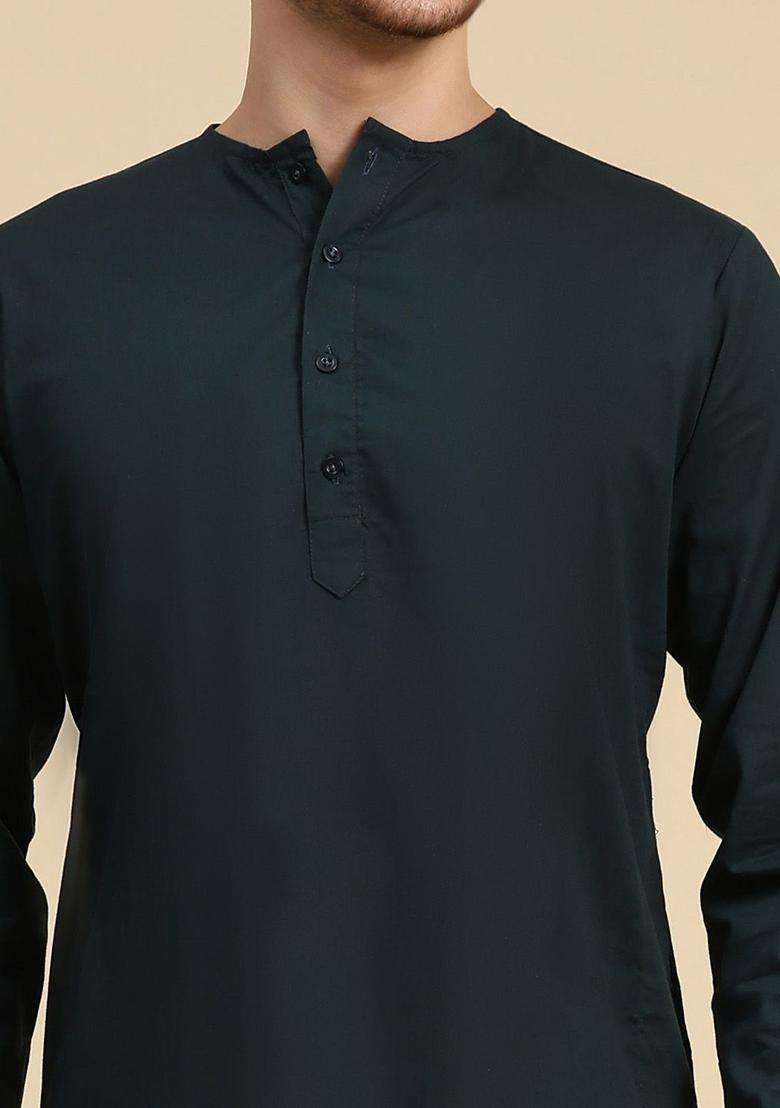 Green Solid Cotton Kurta Set For Men - Indya