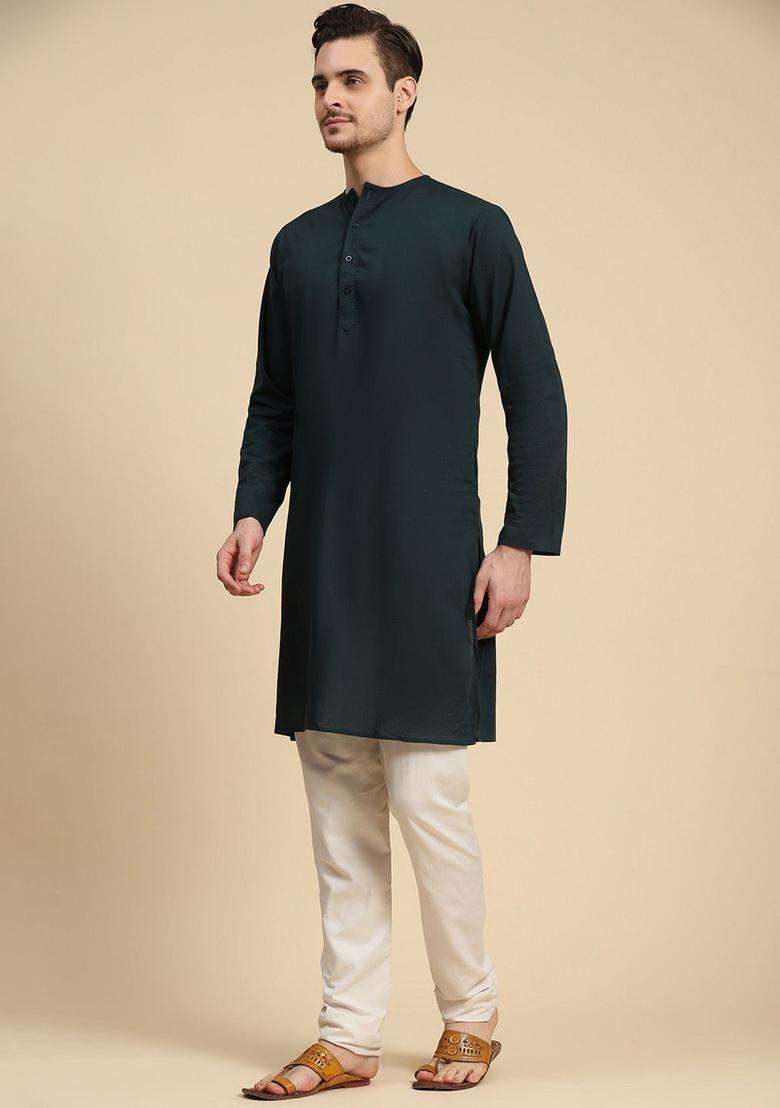 Green Solid Cotton Kurta Set For Men - Indya