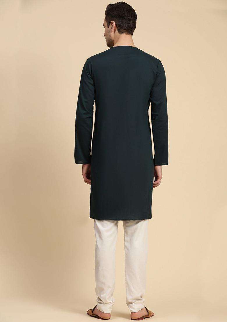 Green Solid Cotton Kurta Set For Men - Indya