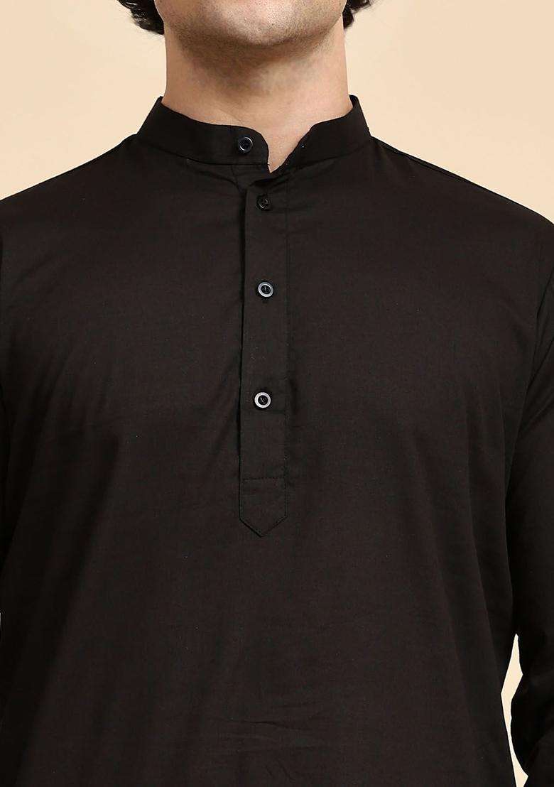 Black Solid Cotton Kurta Set For Men - Indya