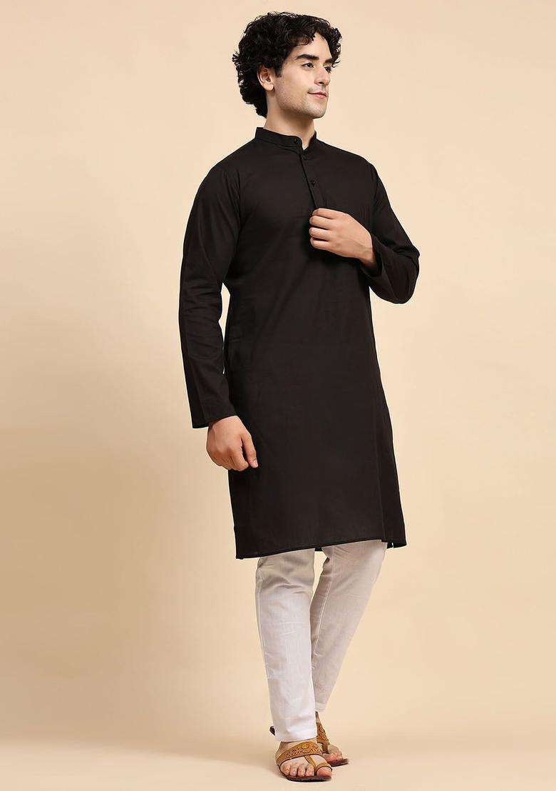 Black Solid Cotton Kurta Set For Men - Indya