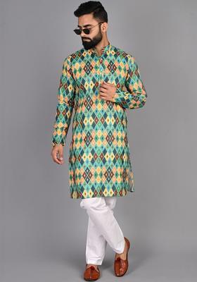 Multi Printed Cotton Kurta Set For Men