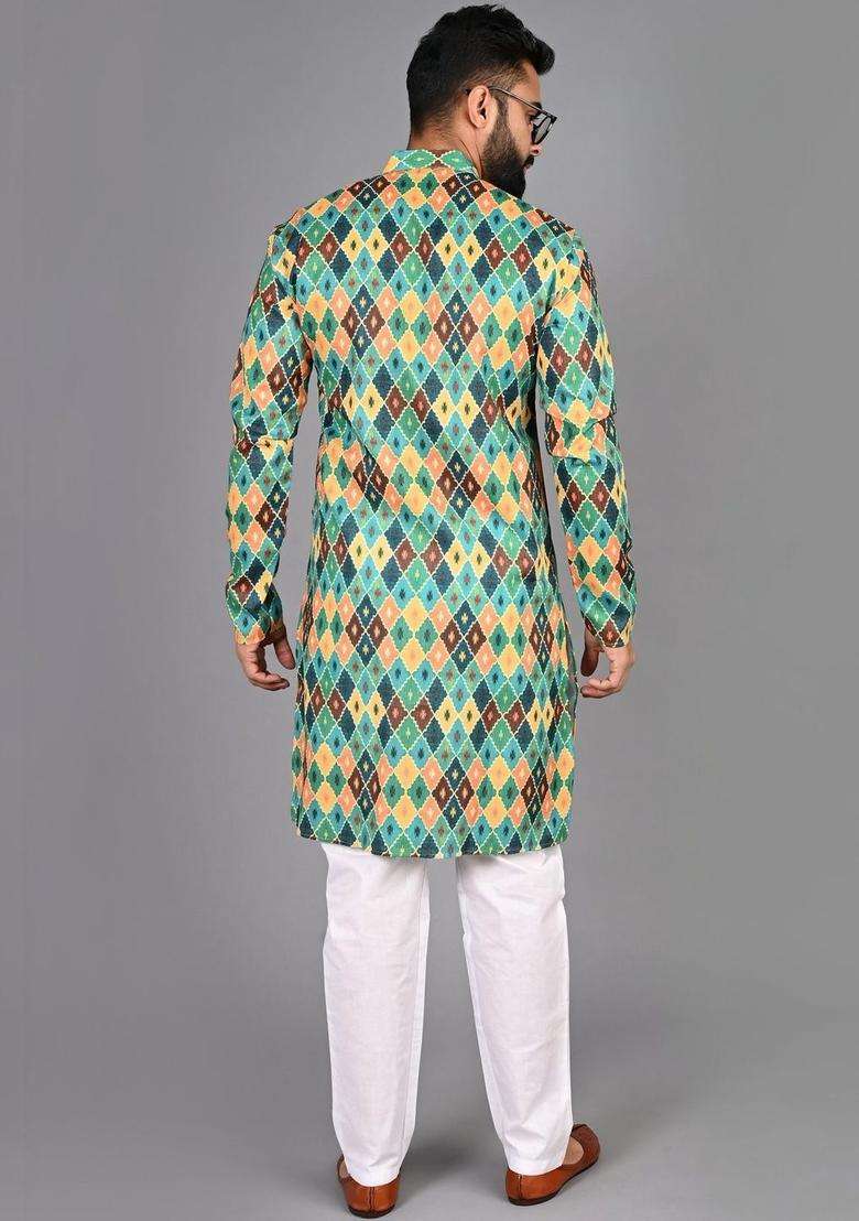 Multi Printed Cotton Kurta Set For Men - Indya