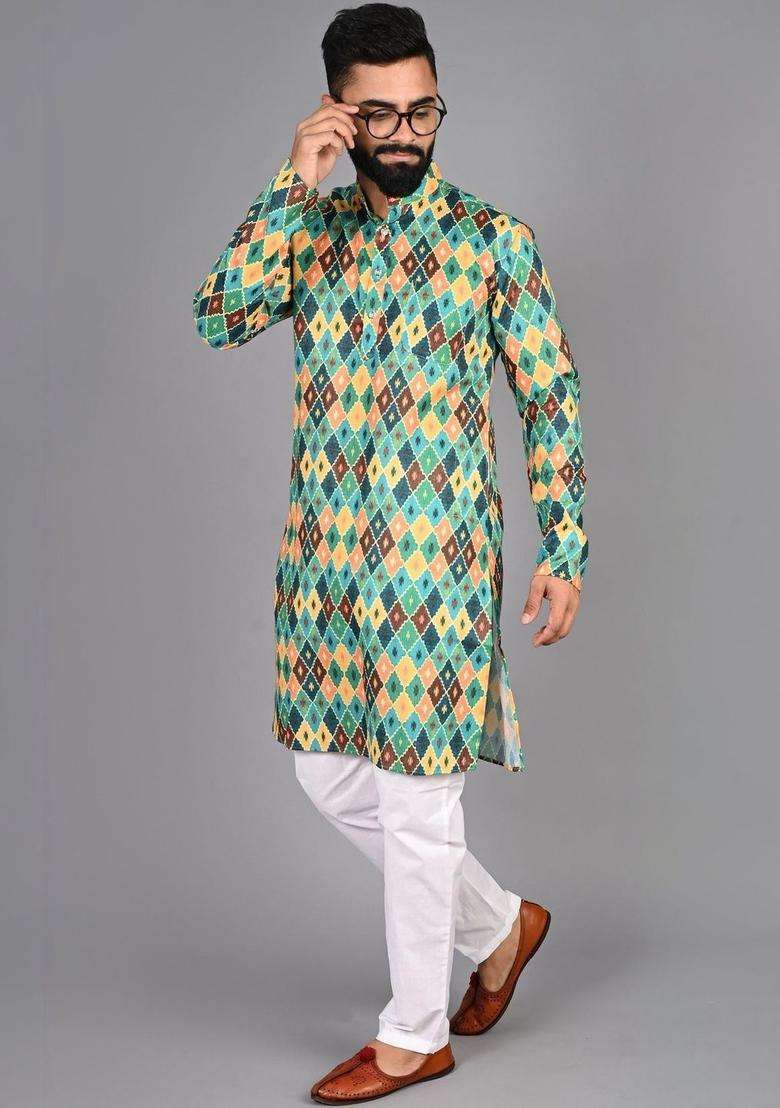 Multi Printed Cotton Kurta Set For Men - Indya