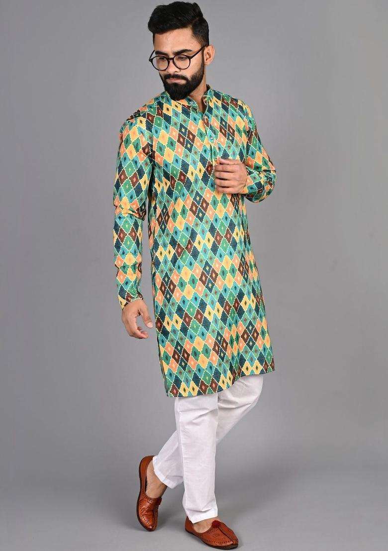 Multi Printed Cotton Kurta Set For Men - Indya