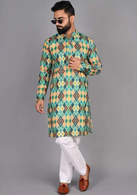 Multi Printed Cotton Kurta Set For Men
