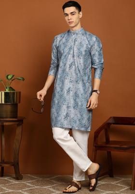Blue Printed Cotton Kurta Set For Men