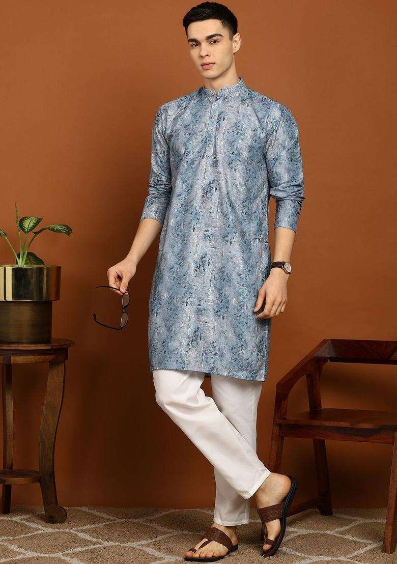 Blue Printed Cotton Kurta Set For Men - Indya
