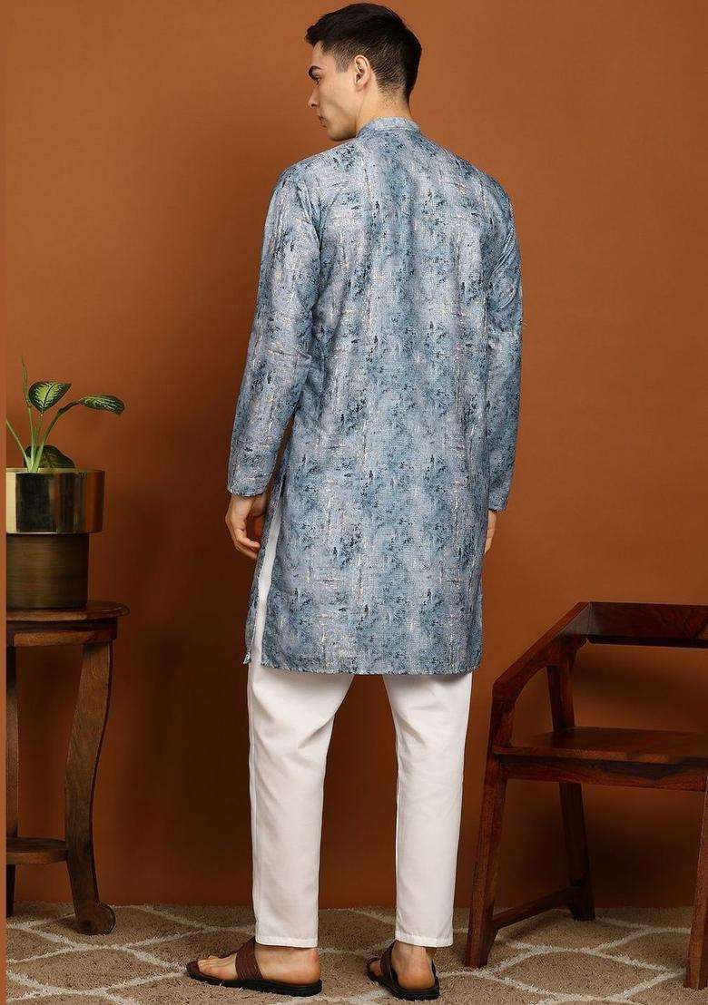 Blue Printed Cotton Kurta Set For Men - Indya
