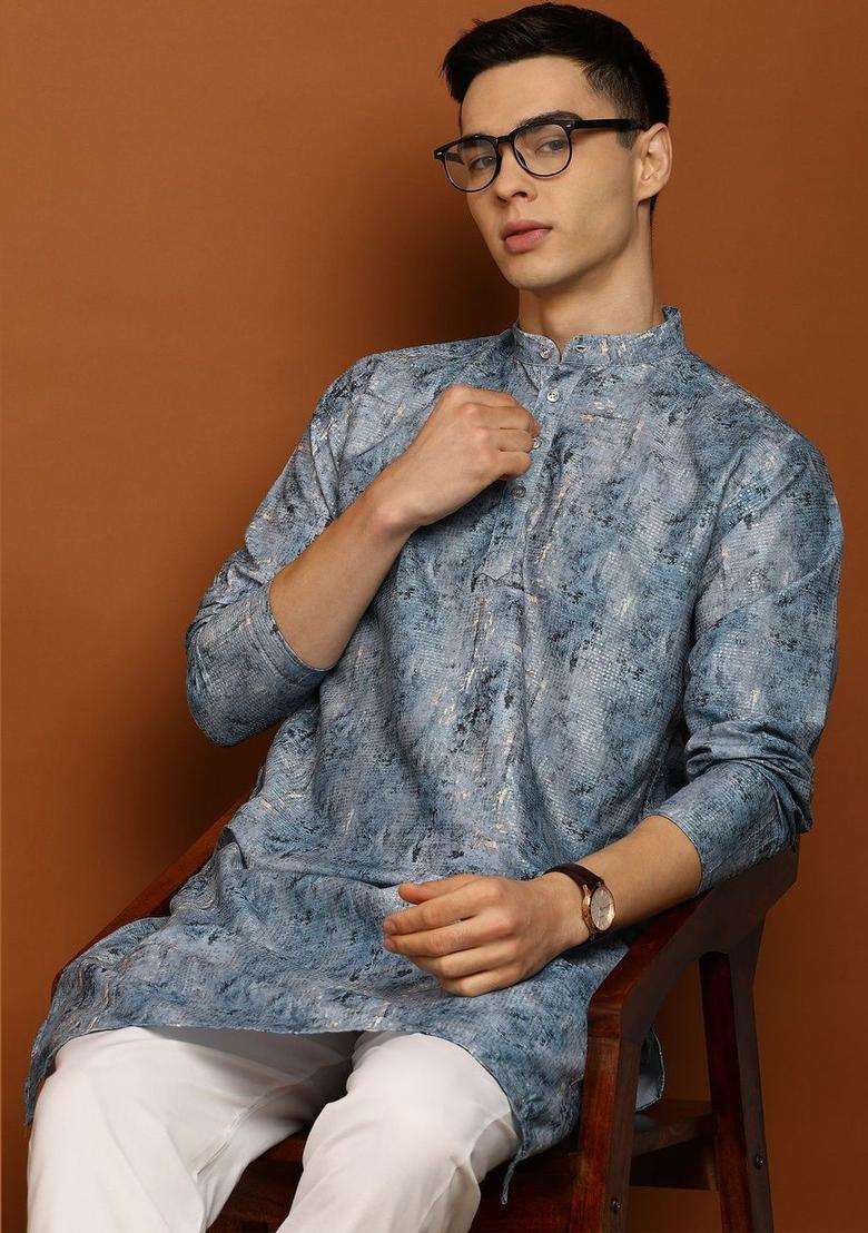 Blue Printed Cotton Kurta Set For Men - Indya