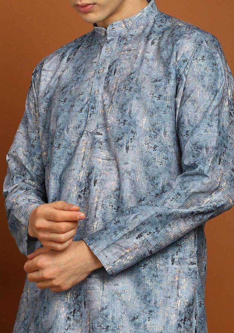 Blue Printed Cotton Kurta Set For Men - Indya