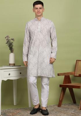 Grey Embroidered Cotton Kurta Set For Men