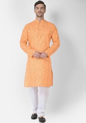 Orange Printed Cotton Kurta Set For Men