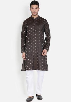 Grey Printed Cotton Kurta Set For Men
