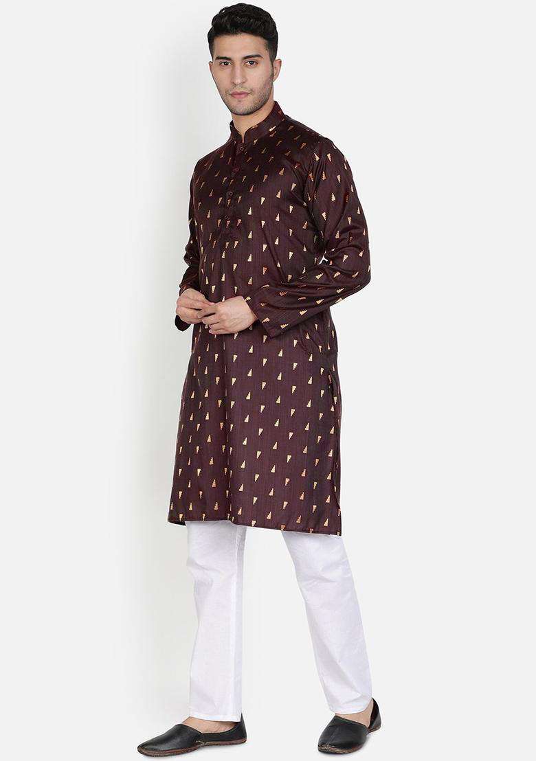 Grey Printed Cotton Kurta Set For Men - Indya