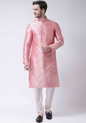 Peach Solid Silk Kurta Set For Men