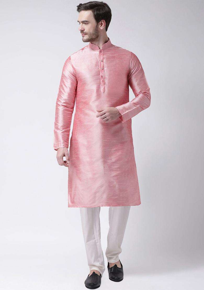 Peach Solid Silk Blend Kurta Set For Men - Indya