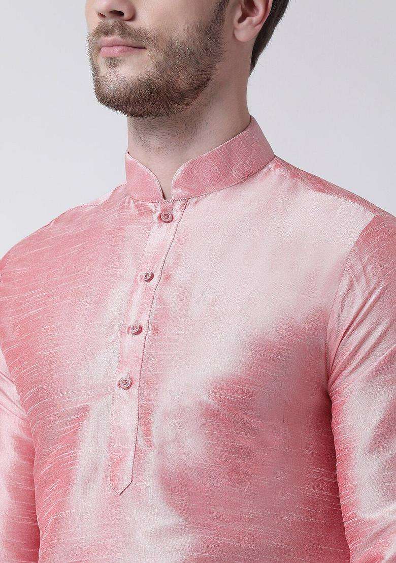 Peach Solid Silk Blend Kurta Set For Men - Indya