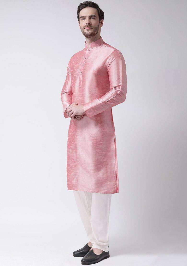 Peach Solid Silk Blend Kurta Set For Men - Indya