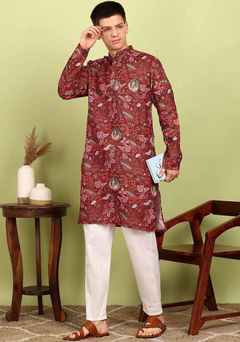 Maroon Printed Cotton Kurta Set For Men - Indya