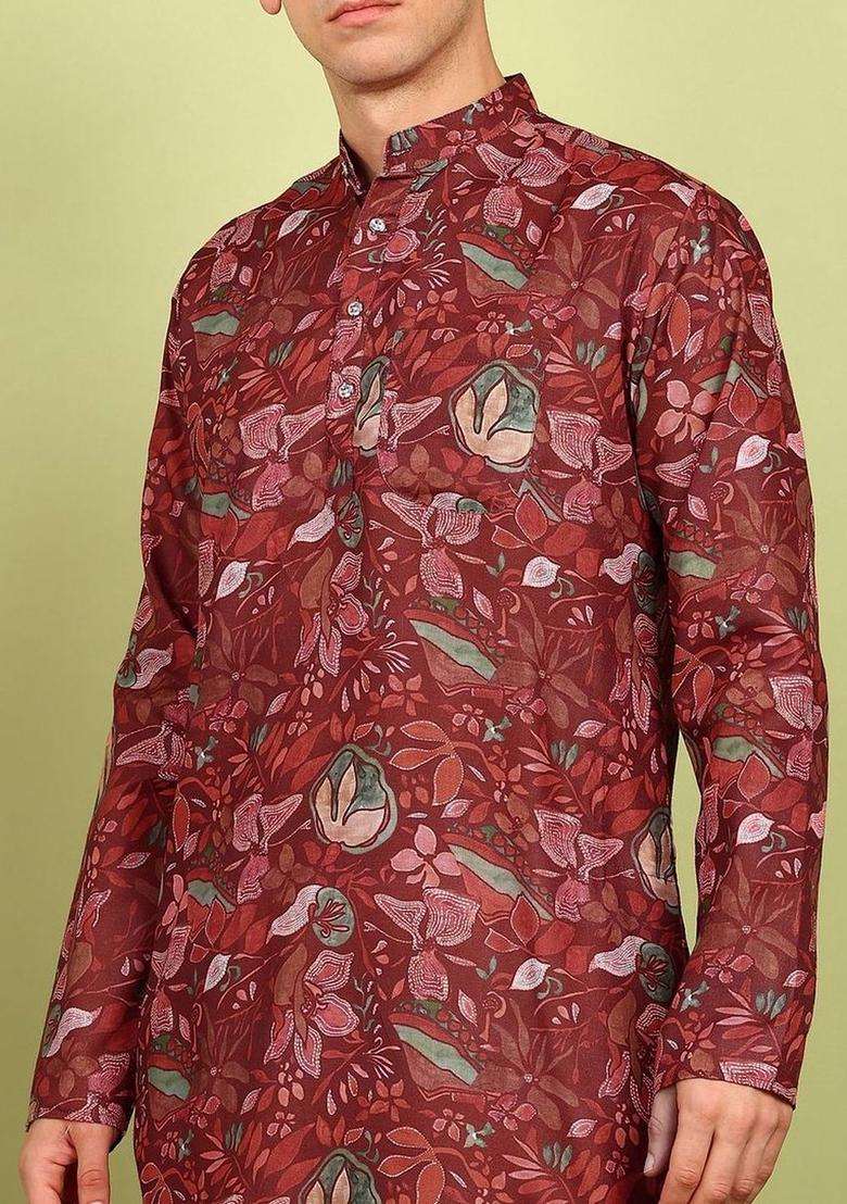 Maroon Printed Cotton Kurta Set For Men - Indya