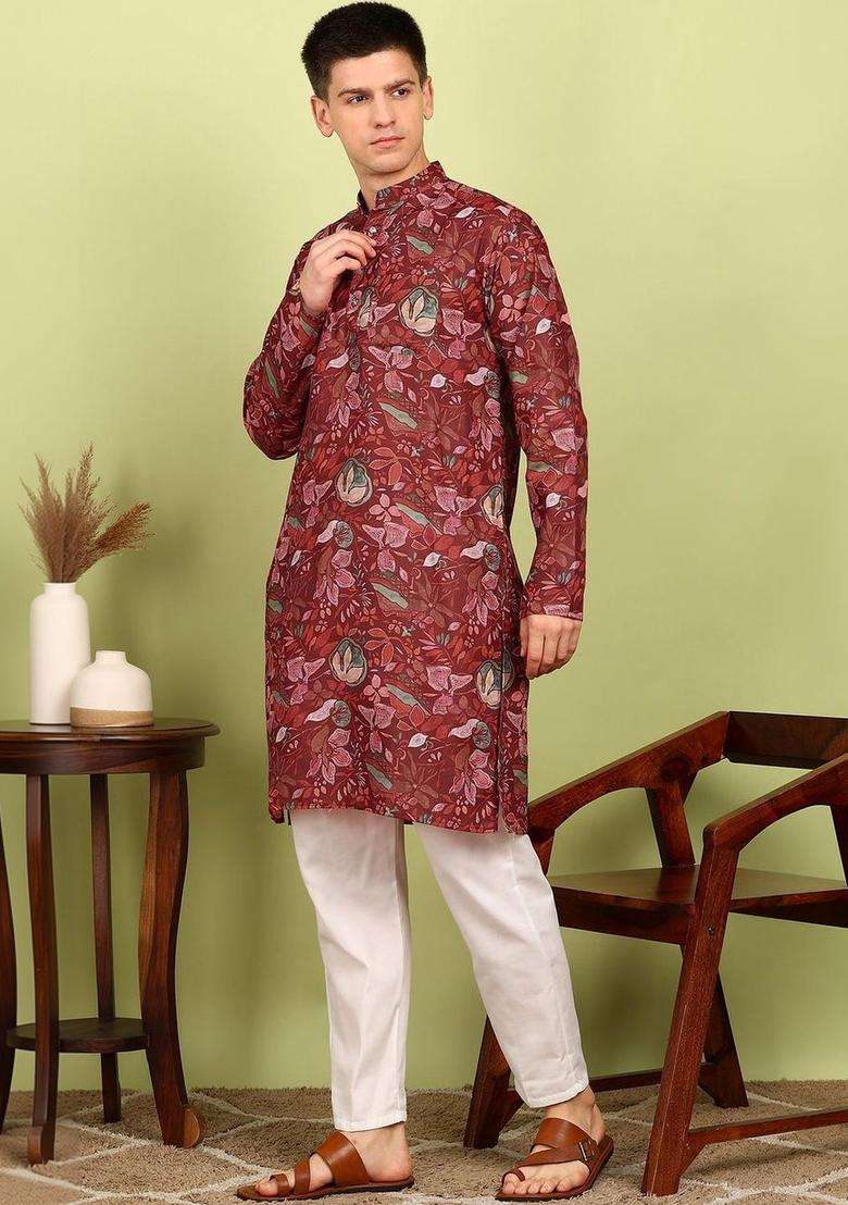Maroon Printed Cotton Kurta Set For Men - Indya