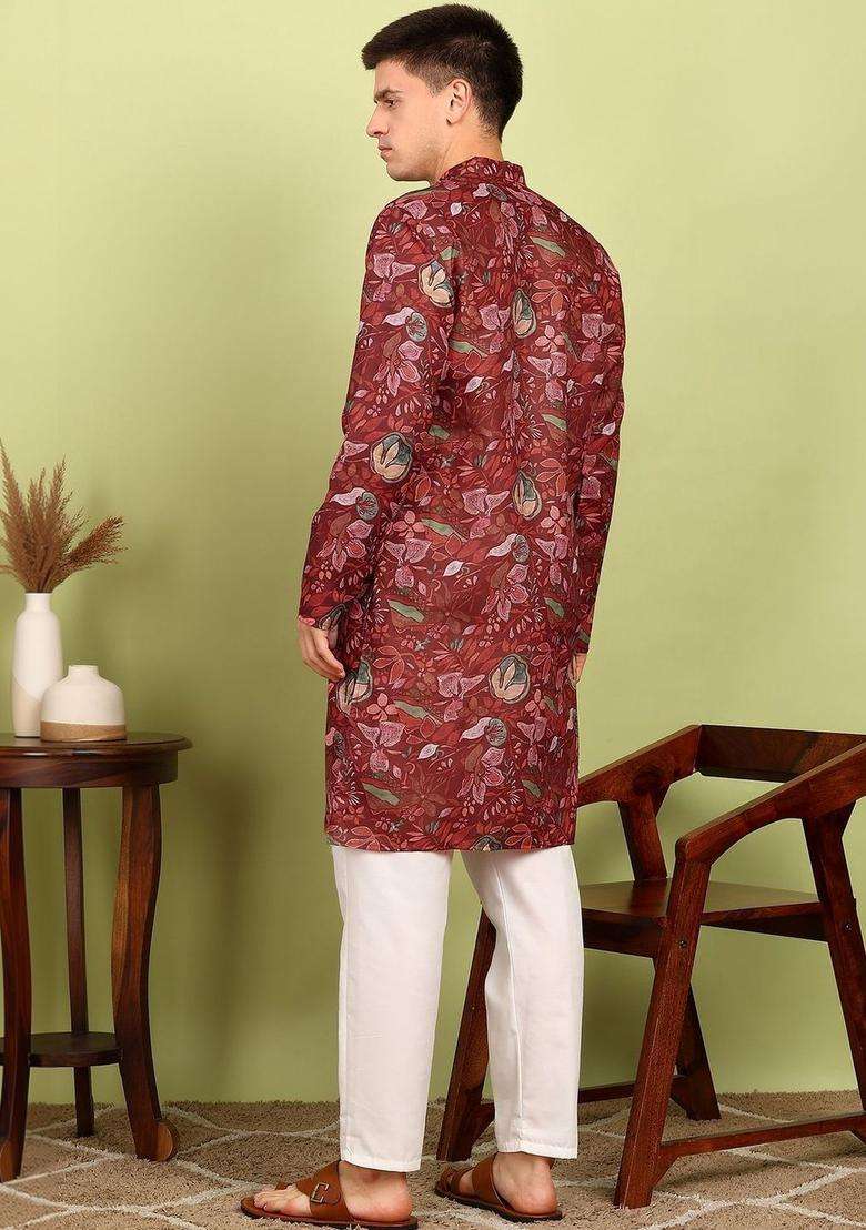 Maroon Printed Cotton Kurta Set For Men - Indya