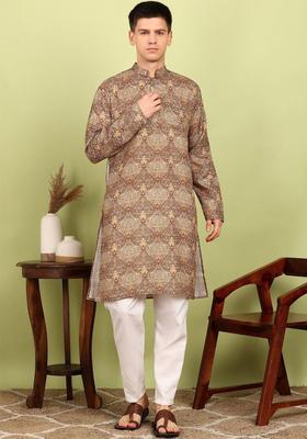 Brown Printed Cotton Kurta Set For Men