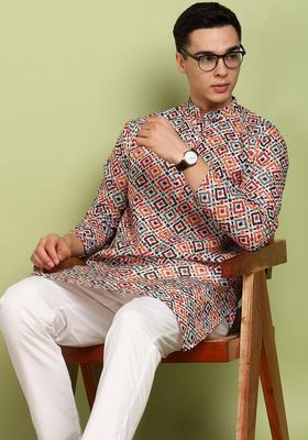 Yellow Printed Cotton Kurta Set For Men