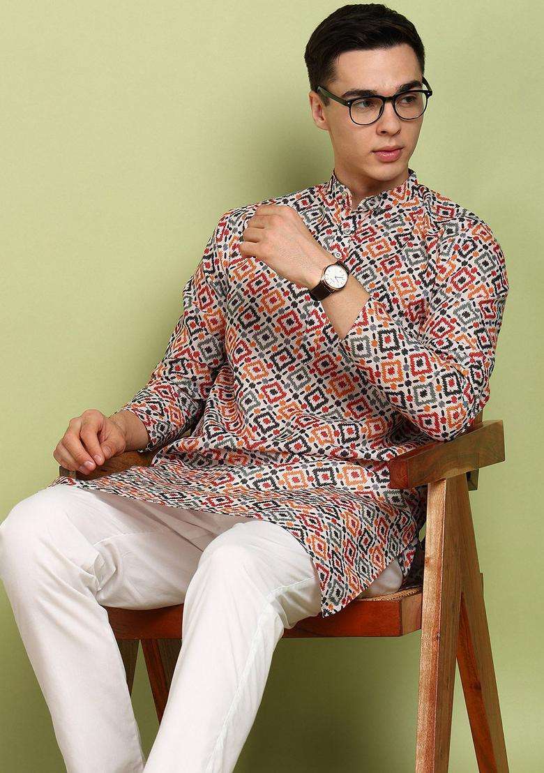 Yellow Printed Cotton Kurta Set For Men - Indya