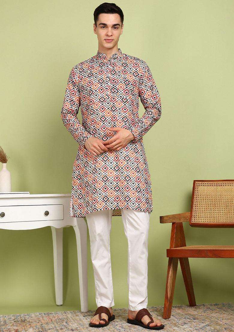 Yellow Printed Cotton Kurta Set For Men - Indya
