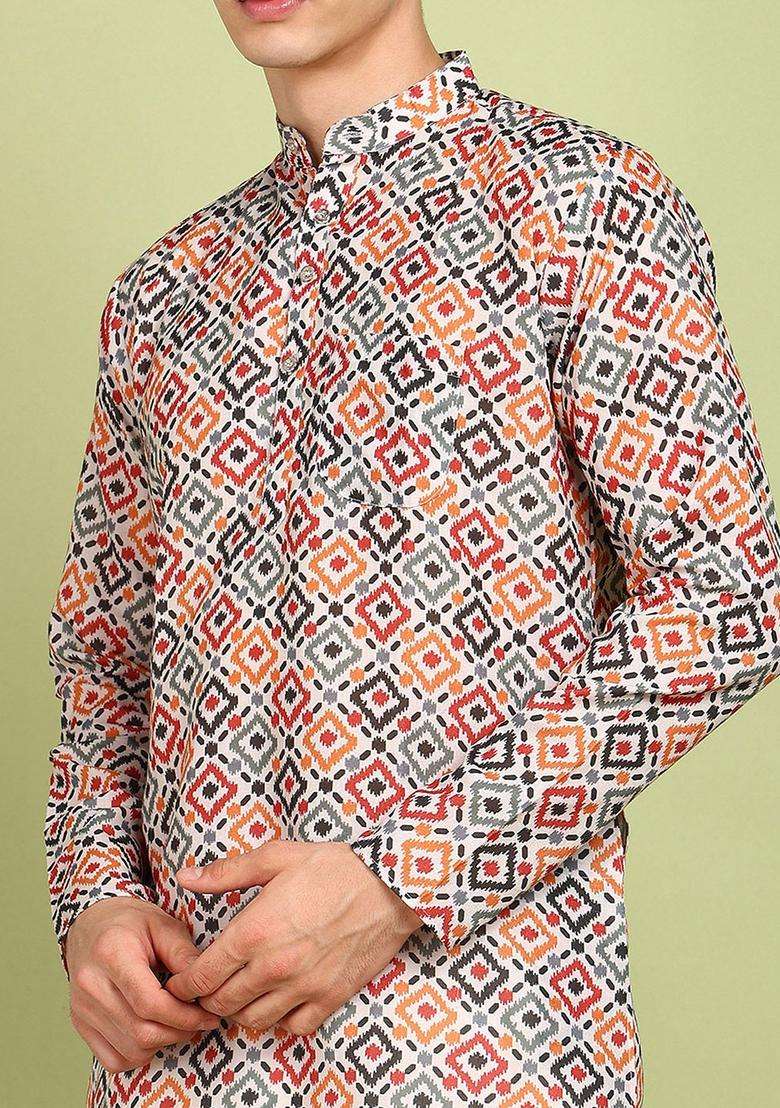 Yellow Printed Cotton Kurta Set For Men - Indya
