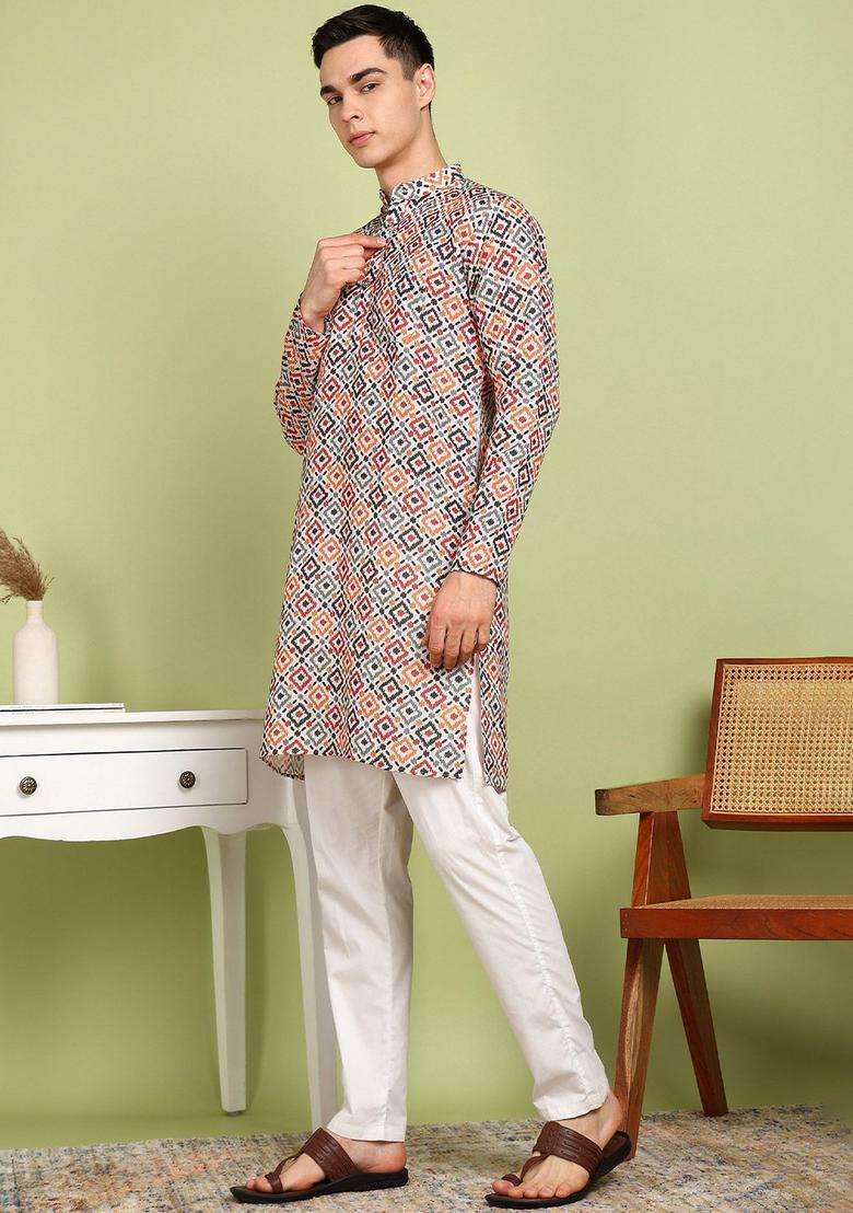 Yellow Printed Cotton Kurta Set For Men - Indya
